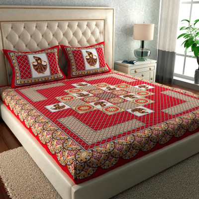 KOUNDAL 144 TC Cotton Double Jaipuri Prints Flat Bedsheet(Pack of 1, Red)