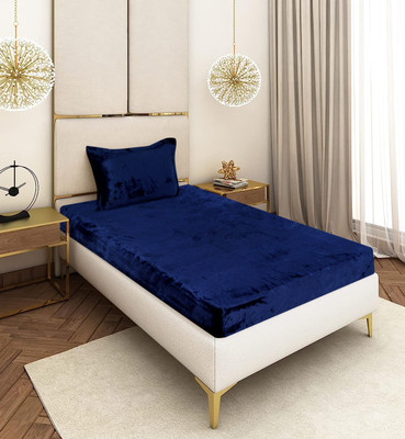 BM Decor Velvet Single Fitted (Elastic) 300 TC Solid Bedsheet(Pack of 1, Royal Blue)