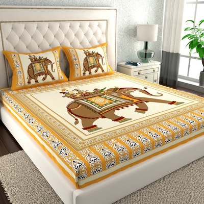 Cosito 144 TC Cotton Double Jaipuri Prints Flat Bedsheet(Pack of 1, Yellow, Brown)
