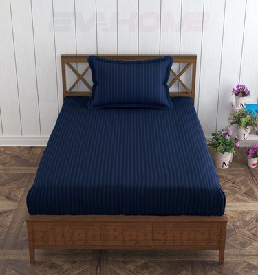 EVAHOME 300 TC Cotton Single Striped Fitted (Elastic) Bedsheet(Pack of 1, Navy Blue)