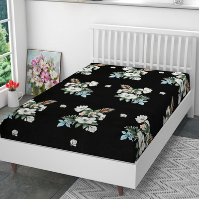 Mega Cart Home Polycotton Single Fitted (Elastic) 144 TC Printed Bedsheet(Pack of 1, Black)