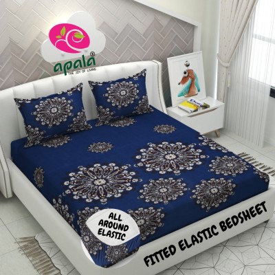Apala 250 TC Microfiber Double Abstract Fitted (Elastic) Bedsheet(Pack of 1, Blue)