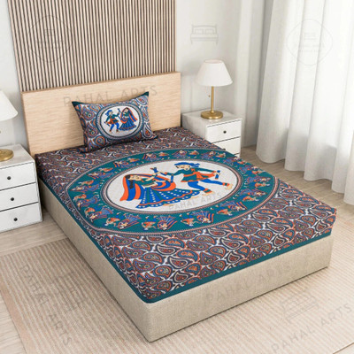 PahalArts Cotton Single Flat 144 TC Jaipuri Prints Bedsheet(Pack of 1, Dark Green, Orange, Blue)