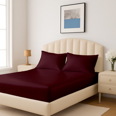 Edmund 400 TC Satin King Solid Fitted (Elastic) Bedsheet(Pack of 1, Wine)