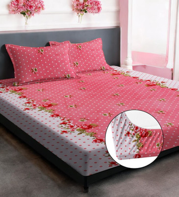 SHVERIRA STYLE 220 TC Cotton King 3D Printed Fitted (Elastic) Bedsheet(Pack of 1, Peach)
