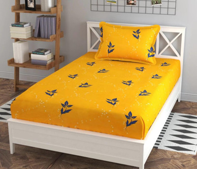 Rumps 220 TC Cotton Single Printed Fitted (Elastic) Bedsheet(Pack of 1, Yellow mandir0)