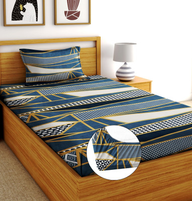 Shruvis Ekart Cotton Single Fitted (Elastic) 240 TC Printed Bedsheet(Pack of 1, Grey, White)