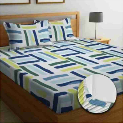 Vishal international Cotton Double Fitted (Elastic) 220 TC Floral Bedsheet(Pack of 1, White Tone Multicolour Safari, C6)