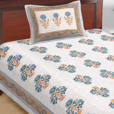 E ELMA 250 TC Cotton Single Jaipuri Prints Flat Bedsheet(Pack of 1, Blue)