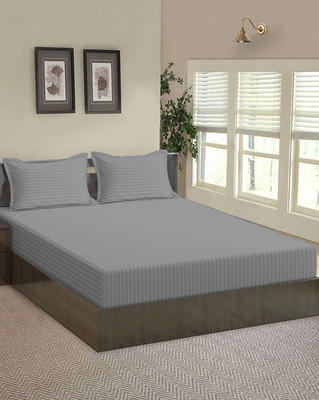 Linenovation 220 TC Cotton Single Striped Fitted (Elastic) Bedsheet(Pack of 1, Grey)