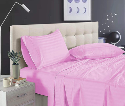ROOMSTYLE 230 TC Cotton Single Striped Fitted (Elastic) Bedsheet(Pack of 1, Pink)