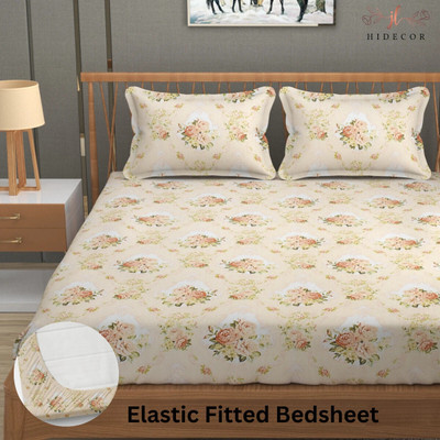 HIDECOR 280 TC Microfiber King Floral Fitted (Elastic) Bedsheet(Pack of 1, Beige)