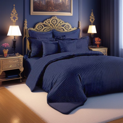 Decoscapes Satin Double Flat 300 TC Striped Bedsheet(Pack of 1, Navy Blue)
