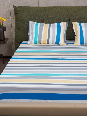 Urban Space 200 TC Cotton Single Floral Flat Bedsheet(Pack of 1, MultiColour Stripes - Blue)