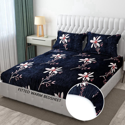VKOM Woolen Double Fitted (Elastic) 254 TC Floral Bedsheet(Pack of 1, Navy Blue)