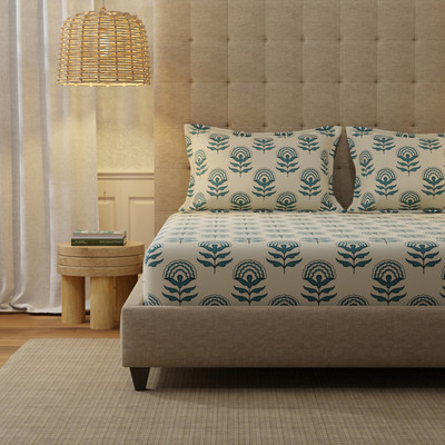 Urban Space Cotton Super King Flat 200 TC Printed Bedsheet(Pack of 1, Florabell Blue)