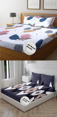 P.Rtrend 210 TC Cotton Double Printed Fitted (Elastic) Bedsheet(Pack of 2, White, Dark Grey)