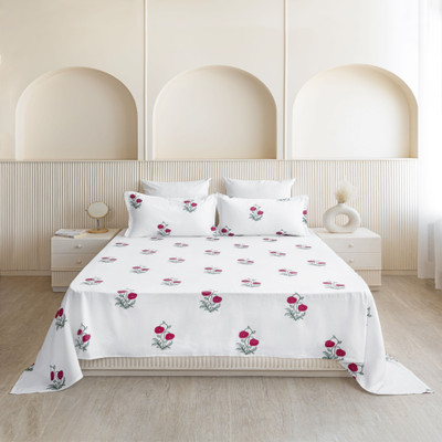 HOMEMONDE Cotton Queen Flat 210 TC Printed Bedsheet(Pack of 1, Red Rose)