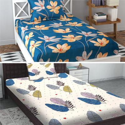 Prosseya 210 TC Cotton Single Floral Flat Bedsheet(Pack of 2, Multi-16)