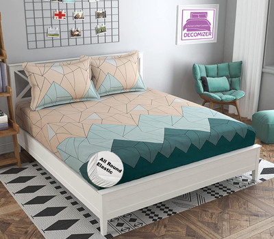 DECOMIZER 210 TC Cotton King Printed Fitted (Elastic) Bedsheet(Pack of 1, Beige)