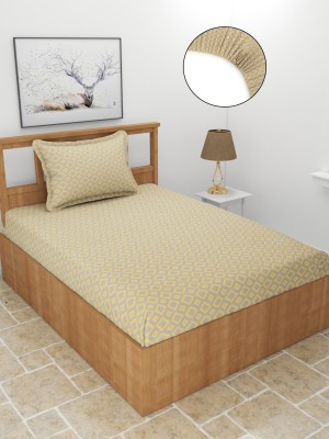 BREVARD 210 TC Polycotton Single Geometric Fitted (Elastic) Bedsheet(Pack of 1, Beige)