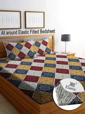 RisingStar 250 TC Cotton King Striped Fitted (Elastic) Bedsheet(Pack of 1, MultiRedYellowCheckFitted)