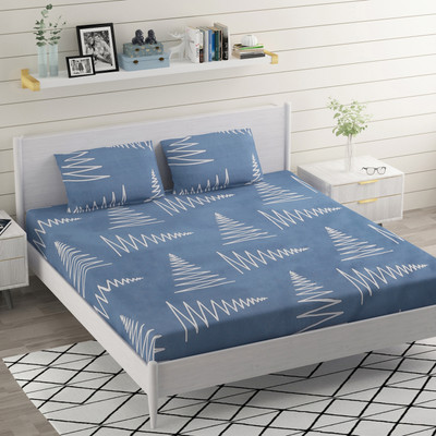 BROMWICK 200 TC Cotton Double 3D Printed Fitted (Elastic) Bedsheet(Pack of 1, Blue White)