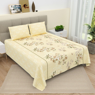 Dream Weaverz Cotton Super King Flat 220 TC Floral Bedsheet(Pack of 1, Yellow)