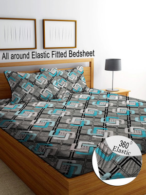 RisingStar Cotton King Fitted (Elastic) 250 TC Striped Bedsheet(Pack of 1, Fitted_GreyCheck)
