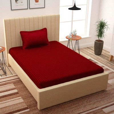 EVAN 300 TC Cotton Single Striped Fitted (Elastic) Bedsheet(Pack of 1, Red)