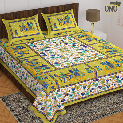 VNV Creation Cotton Double Flat 144 TC Jaipuri Prints Bedsheet(Pack of 1, Green, White)