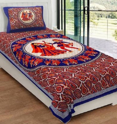 Monik Handicrafts Cotton Single Flat 140 TC Jaipuri Prints Bedsheet(Pack of 1, Blue)