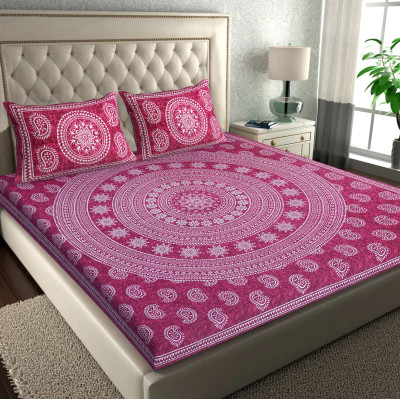 jagan 140 TC Cotton Double Jaipuri Prints Flat Bedsheet(Pack of 1, Pink)