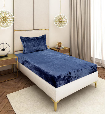 Crafteal Velvet Single Fitted (Elastic) 300 TC Solid Bedsheet(Pack of 1, Blue)