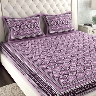 BharatLinen Cotton Double Flat 144 TC Jaipuri Prints Bedsheet(Pack of 1, Purple)