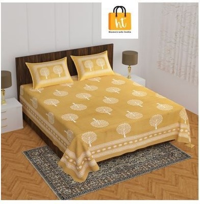 Bedsheet Adda 144 TC Cotton Queen Jaipuri Prints Flat Bedsheet(Pack of 1, Golden)