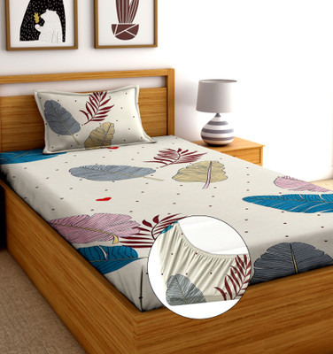 aniket 204 TC Cotton Single Printed Fitted (Elastic) Bedsheet(Pack of 1, WHITE LEAVE)