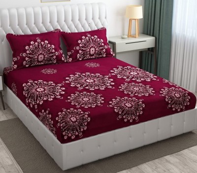 Dahlia 200 TC Polycotton Double Printed Fitted (Elastic) Bedsheet(Pack of 1, Wine)