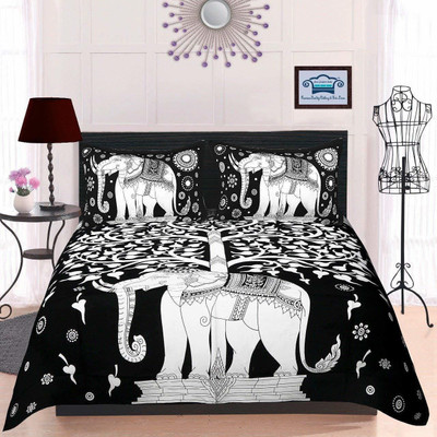 KANDY SHOP Cotton King Flat 180 TC Jaipuri Prints Bedsheet(Pack of 1, Black 02)