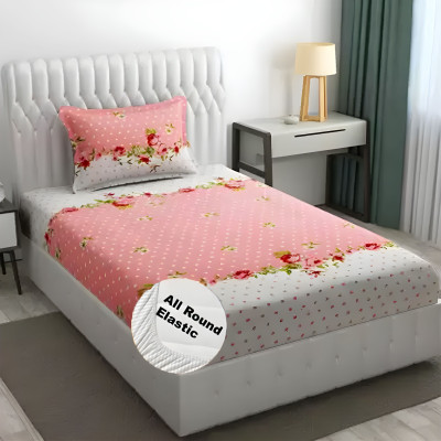TIRKUTA Cotton Single Fitted (Elastic) 200 TC Printed Bedsheet(Pack of 1, Pink Doted)