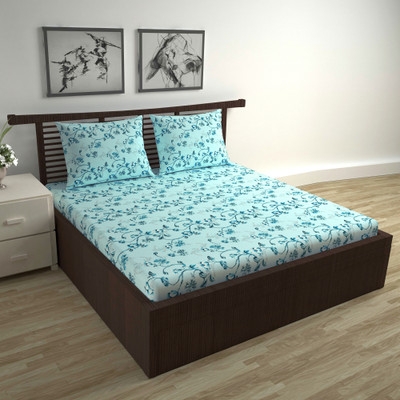 Divine Casa Cotton Double Flat 144 TC Floral Bedsheet(Pack of 1, Sky Blue)