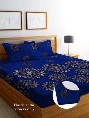 CRAFTS HUB 180 TC Microfiber Double Floral Fitted (Elastic) Bedsheet(Pack of 1, Blue)