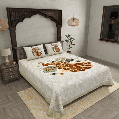 JAIPUR FABRIC Cotton Double Flat 180 TC Printed Bedsheet(Pack of 1, White)