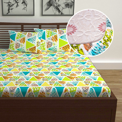 Divine Casa Cotton Double Fitted (Elastic) 144 TC Floral Bedsheet(Pack of 1, Sunny Lime Punch)