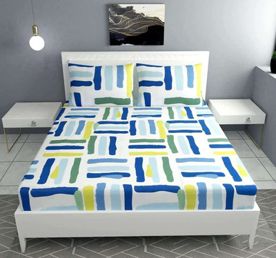 ABC Microfiber King Fitted (Elastic) 220 TC Geometric Bedsheet(Pack of 1, Blue Yellow line)