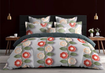 DECOR2ADMIRE Cotton Super King Flat 300 TC Printed Bedsheet(Pack of 1, 7D Grey Floral)
