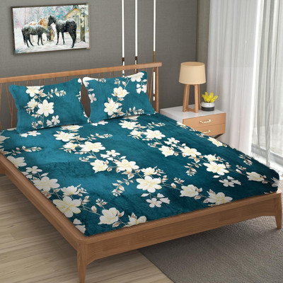 Decent Home Woolen Double Fitted (Elastic) 350 TC Floral Bedsheet(Pack of 1, Green Blue)