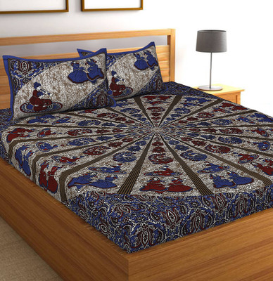 CLOTHSIDE 144 TC Cotton Double Jaipuri Prints Flat Bedsheet(Pack of 1, Blue)