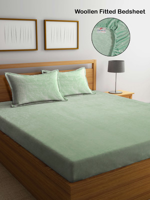 Fabinaliv Woolen King Fitted (Elastic) 300 TC Solid Bedsheet(Pack of 1, Light Green)