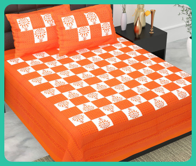 JAIPUR PRINTS Cotton Double Flat 210 TC Jaipuri Prints Bedsheet(Pack of 1, Orange)